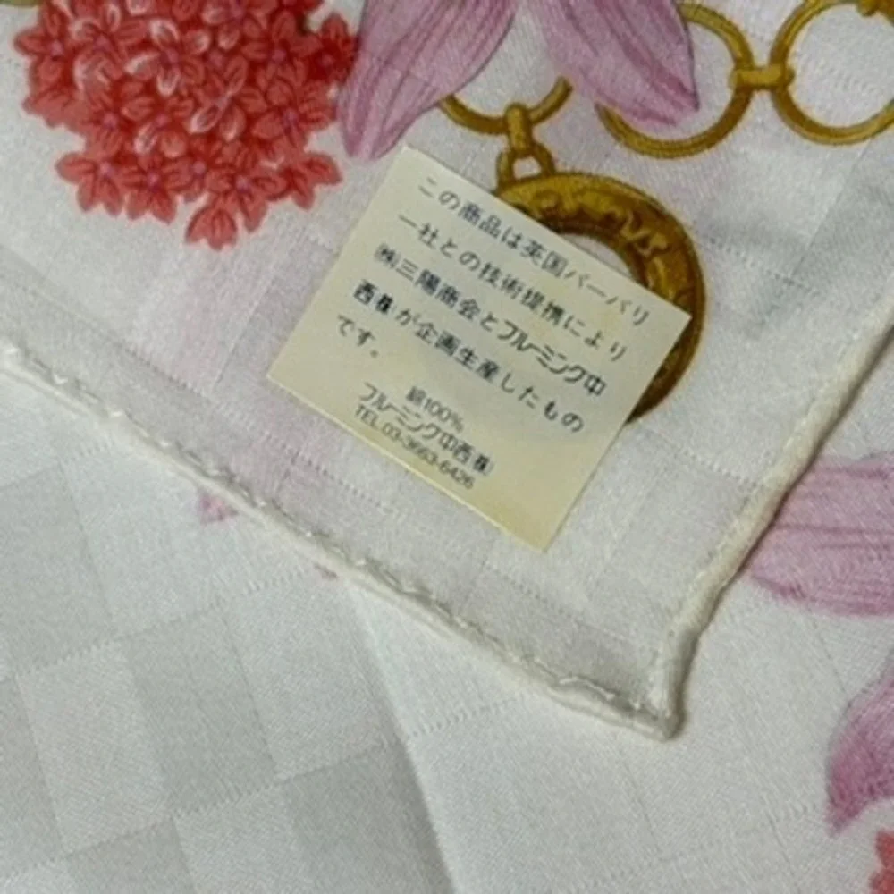 Vtg BURBERRYS Scarf Handkerchief Floral Lily Chain 100% Cotton White Pink 19.5